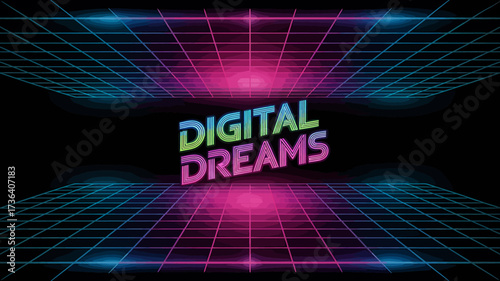 Vector art of retro digital dreams text with neon grid background in 80s style art