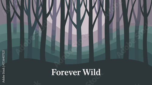 Vector art of forever wild forest landscape with trees and dark ground illustration