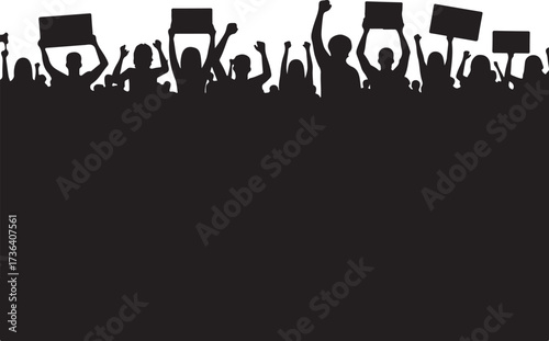 Silhouette crowd of people holding signs and raising fists