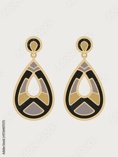 Elegant teardrop dangle earrings in gold and black with geometric accents creating a luxurious jewelry design