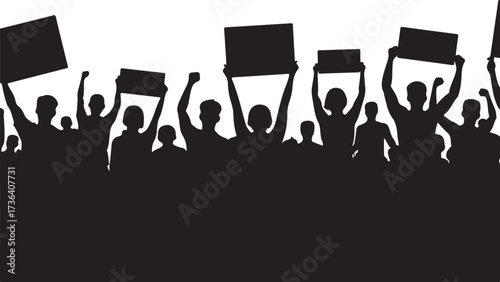 Silhouette crowd holding signs and raising fists protest