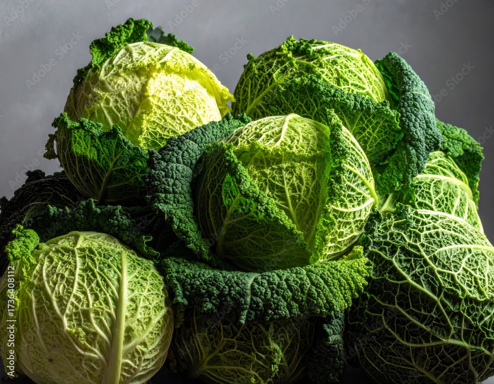 Fototapeta premium Fresh cabbages arranged beautifully on a dark background highlighting their vibrant green color and intricate leaf patterns