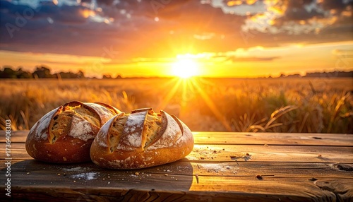 Golden Hour Breads on Wooden Table in Wheat Field at Sunset Warm Light Food Photography Rustic Bakery Wheat Sunburst