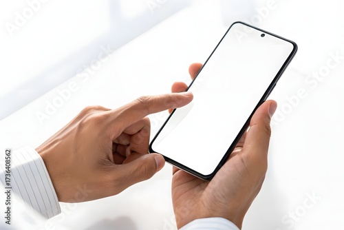 Hands Holding a Smartphone with a Blank White Screen Keywords: hands, holding, smartphone