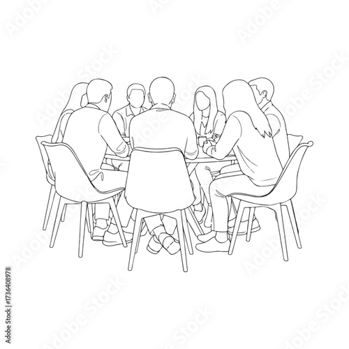 Group of people sitting around table in meeting, line art