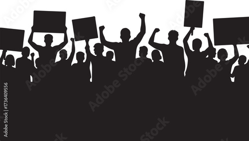 Silhouette crowd holding protest signs and raising fists