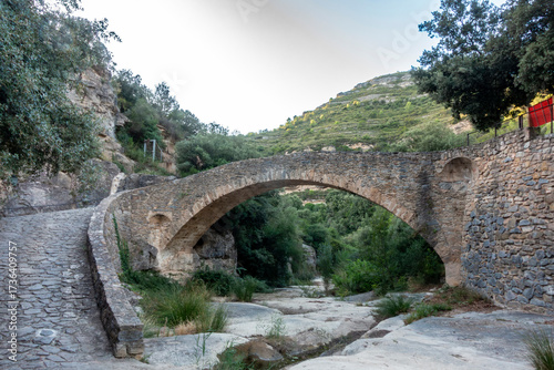 Ancient stone arch bridge of Rossinyol at Sant Miquel del Fai monastery in Catalonia, Spain.