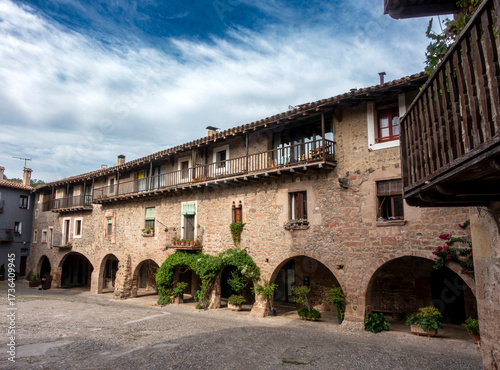 Picturesque Medieval Architecture Santa Pau Firal dels Bous Square Gerona Spain 13th Century Arcades and Stone Facades