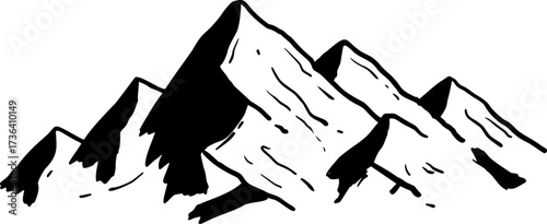 Mountains, peaks, hand-drawn bold ink sketch of jagged mountain range in classic style. Suits nature designs or travel themes.