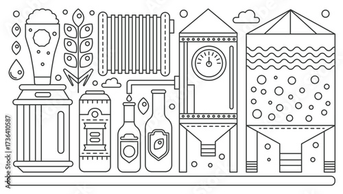 Brewery production line with beer glass, bottles, cans, tanks, and hops depicted in a clean linear style, ideal for craft beer and brewing concepts vector illustration