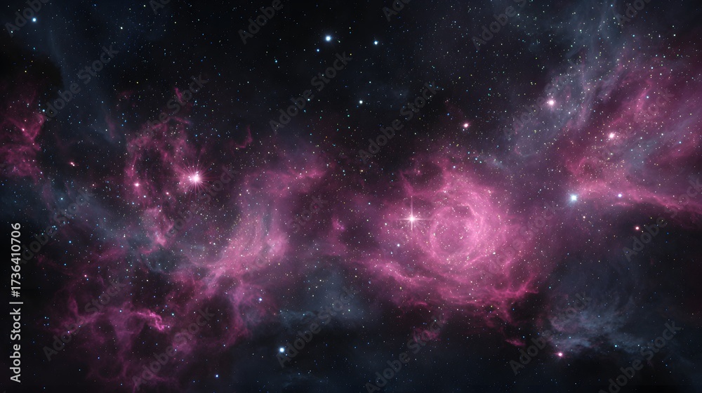 Fototapeta premium Celestial vista presents a vast cosmos filled with radiant nebula clusters and scattered stars, creating a vibrant cosmic scene with deep purples, blues, and blacks, representing the awe of space.