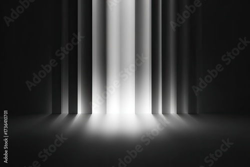 Vertical light beams illuminate a dark space, creating dramatic shadows