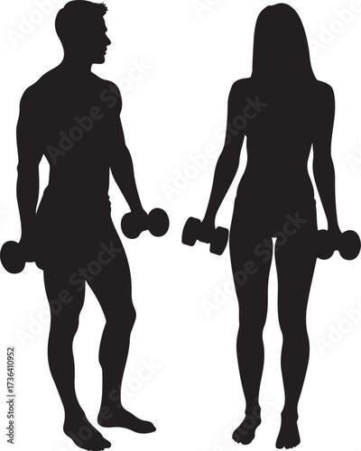 Man and woman silhouettes holding dumbbells couple