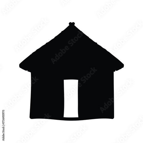 Monochromatic silhouette of a traditional hut house with thatched roof design