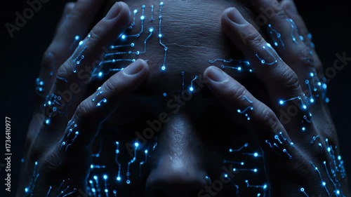 Cybernetic Human with Integrated Circuits - A person holds their head, their skin illuminated with glowing blue circuits. The video evokes a sense of technological integration and futuristic concepts.