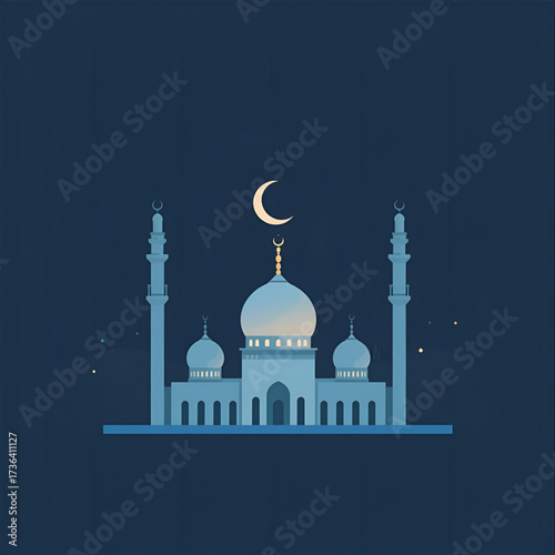Beautiful Islamic mosque with crescent moon and minarets on a dark blue background, perfect for Ramadan and Eid celebrations