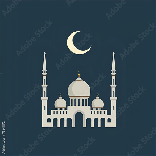 Illustration of a Mosque with a Crescent Moon Against a Dark Blue Background
