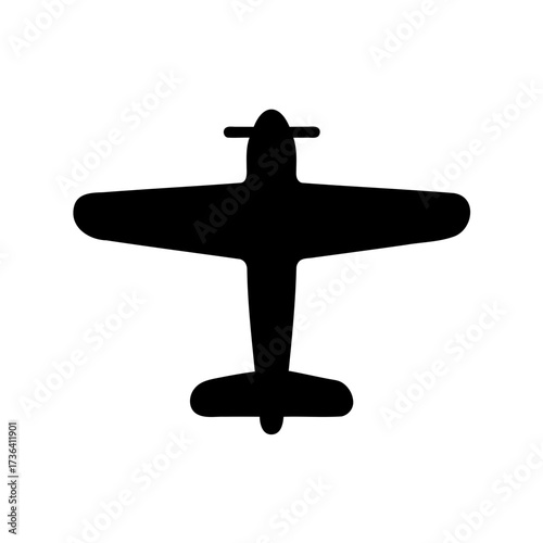 Silhouette of single engine airplane with propeller, simplistic black and white design