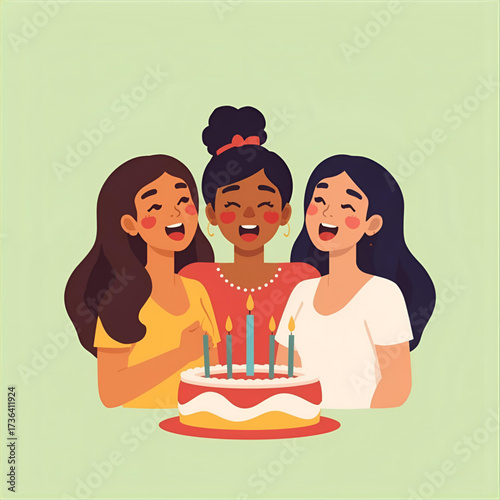 Joyful birthday celebration with three happy diverse female friends and a festive cake illustration