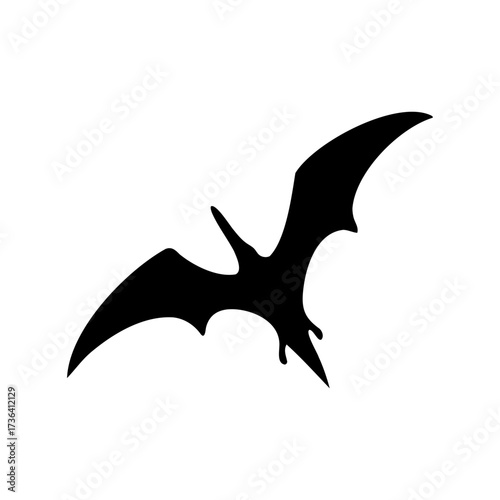 Pterodactyl silhouette in black on white background, prehistoric flying reptile illustration