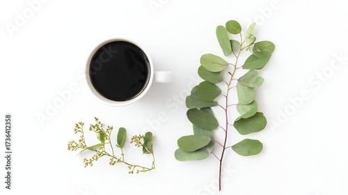 executive. Minimalist workspace with coffee cup and greenery, showcasing simplicity and productivity from above. lifestyle magazines.