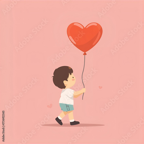 A charming illustration of a little boy holding a large red heart-shaped balloon, a sweet symbol of love, affection, and childhood innocence