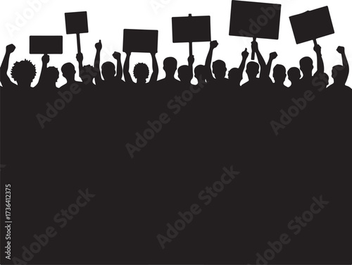 Crowd of protesters holding signs in silhouette demonstration