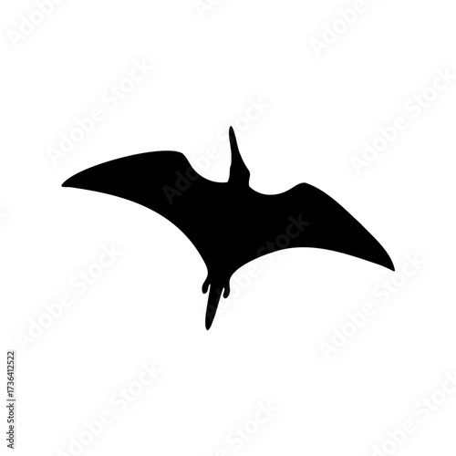 Black Pterodactyl Silhouette Against White Background Depicting Prehistoric Reptile in Flight