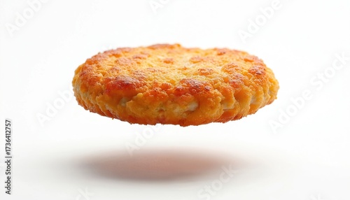 Golden brown fried breaded patty floats mid air over white surface creating shadow. Ready for burger assembly or snack. Minimalist food style.