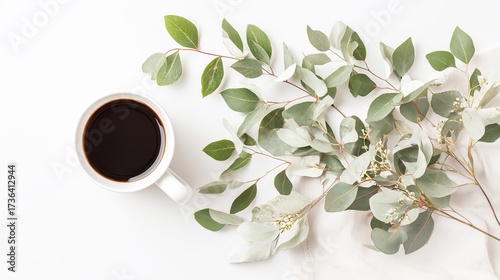 executive. Minimalist workspace with coffee cup and greenery, showcasing simplicity and productivity from above. lifestyle magazines.