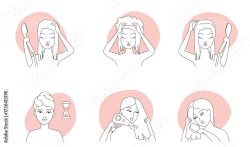 Hair care line icons set vector illustration. Instructions for daily beauty routine at home, girl washing hair with hot water in bathroom, drying with towel and hairdryer, combing with hairbrush