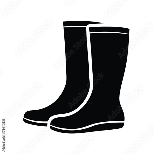 Monochrome illustration of two simple black rain boots on white background