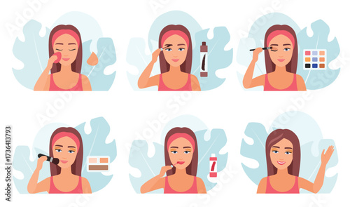 Makeup set vector illustration. Cartoon girls apply foundation on skin of face with sponge, use beauty blender and mascara, eyeshadow palette and glamour lipstick, professional visage collection