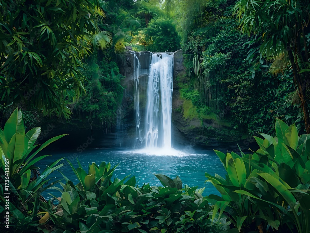 Obraz premium Immerse yourself in the majestic beauty of a stunning jungle waterfall and serene blue lagoon.