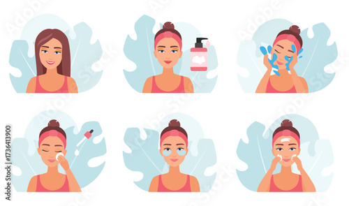 Makeup removal set vector illustration. Cartoon girls remove visage with cleansing gel and water, use cotton pad for cleanliness of skin and eye patches, female characters apply lotion or cream