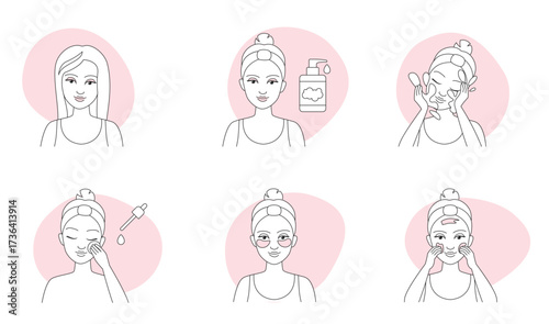 Makeup removal guide thin line icons set vector illustration. Outline girls remove beauty products from skin of face, use facial tissue and cotton pads, cleanser and water to clean and care skin
