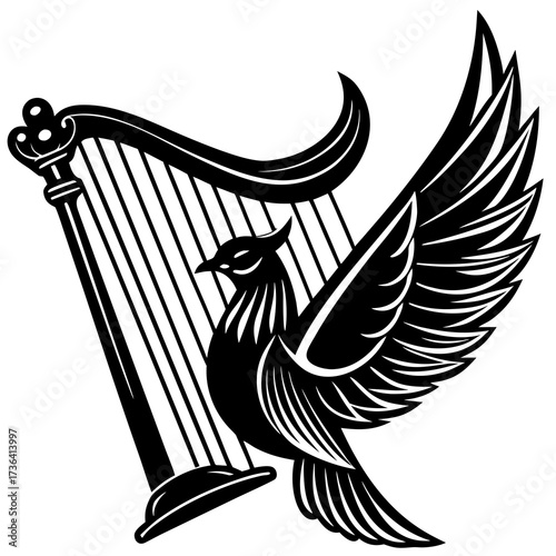 Elegant harp with a majestic bird rising, symbolizing music and freedom