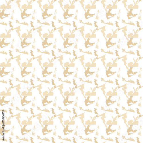 A seamless abstract beige pattern featuring irregular organic silhouettes arranged diagonally on a white background for a modern decorative effect.