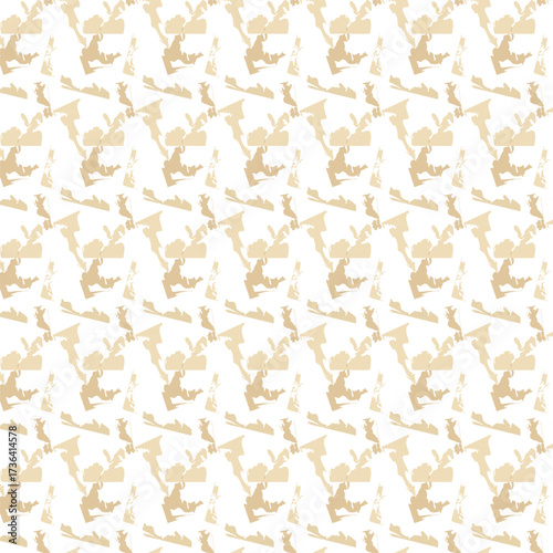 A seamless abstract beige pattern featuring irregular organic silhouettes arranged diagonally on a white background for a modern decorative effect.