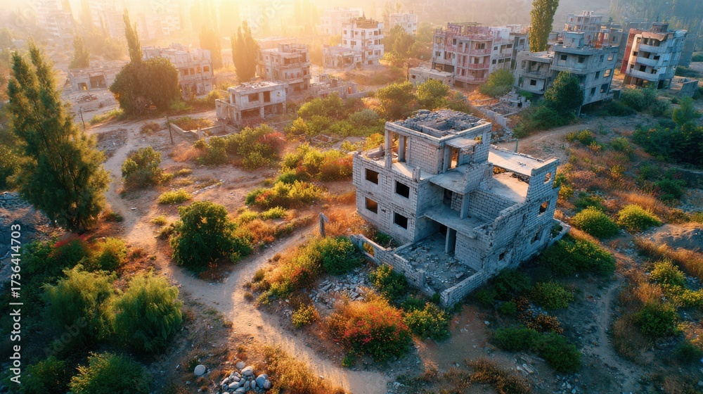 Obraz premium Construction Slowdown Design. Abandoned stone buildings in a rural area during sunset with overgrown vegetation.