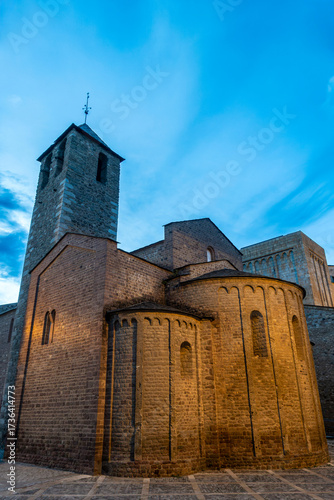 Lombard Romanesque Architecture Sant Miquel Church La Seu d'Urgell Spain 11th Century Medieval Apse and Bell Tower at Twilight