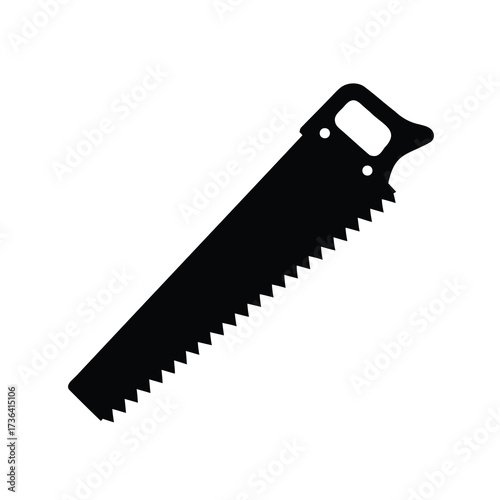 Simple black silhouette of a hand saw tool on a white background