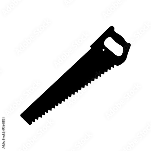 Black silhouette of a handsaw on a white background, angled slightly