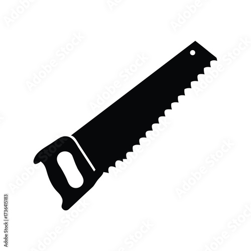 Black silhouette of a hand saw tool for cutting wood materials