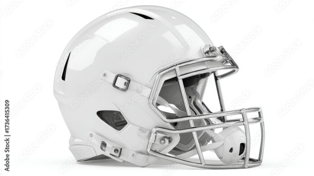 Fototapeta premium White american football helmet isolated on clean white background, professional protective gear for gridiron sport, athletic equipment for training, competition, and team game safety concept.