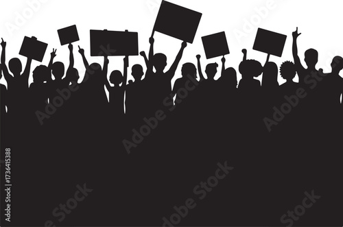 Crowd of people holding signs in silhouette protest