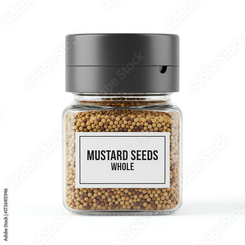 A glass jar of mustard seeds on white background