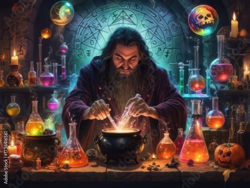 A bearded wizard, cloaked in purple, stirs a glowing potion in a cauldron-filled laboratory.