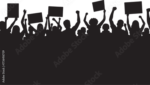 Crowd of people holding blank signs and raising fists