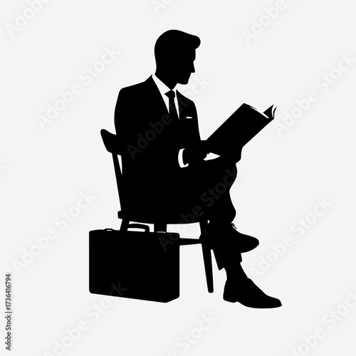 Legal assistant reading silhouette in detailed formal clothing against plain white background